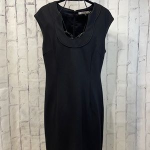 Trina Turk Horseshoe Neckline Cocktail Dress Sleeveless Black with Braided Trim